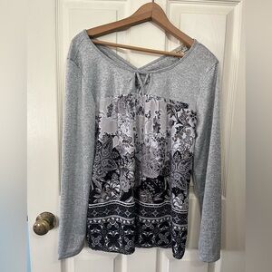 ONE WORLD Gray Long Sleeve Top with Cut-out Neck Line